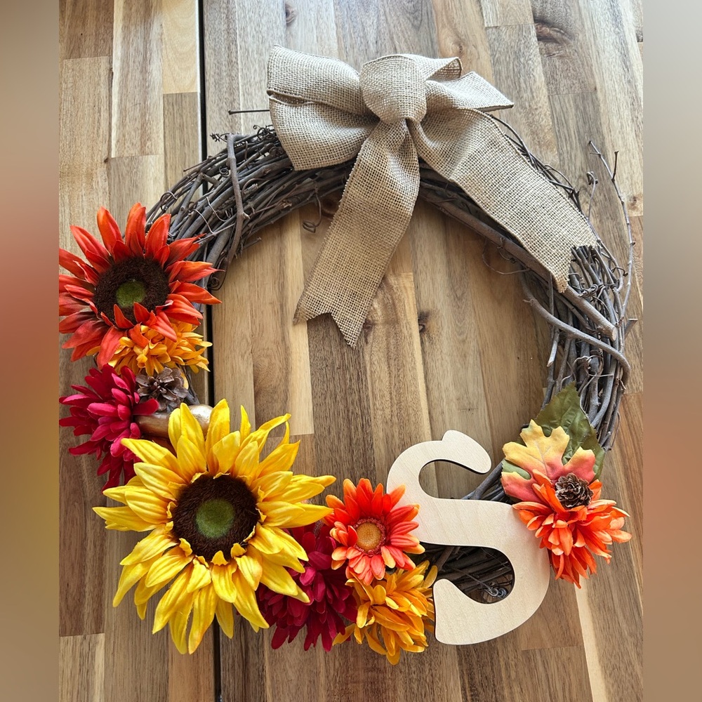 Handmade Fall Grapevine Wreath with Burlap Bow & Wooden Letter “S”